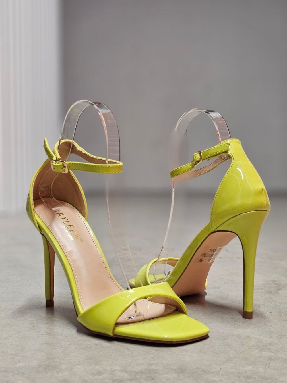Lime Neon Patent Leather Stiletto Heels With Ankle Strap & Open Toe Design Women